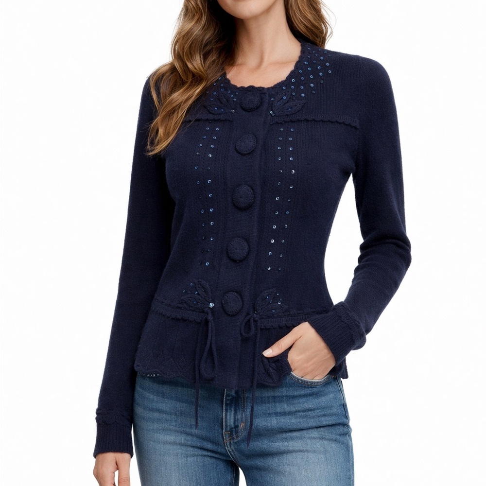 Nanette Lepore 100% Cashmere Navy Cardigan Medium Sequin Button Vintage Style